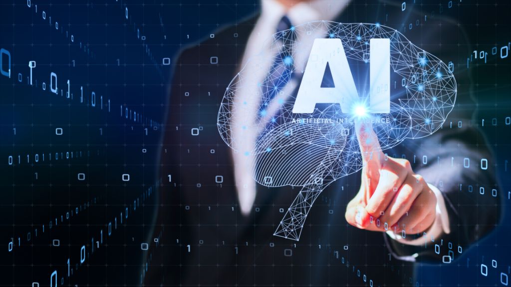 Man in Suit Pointing to AI Brain Graphic