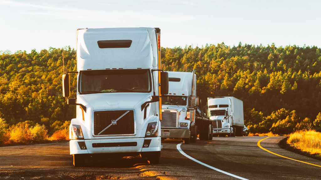 Line of White Semi Trucks on a Highway