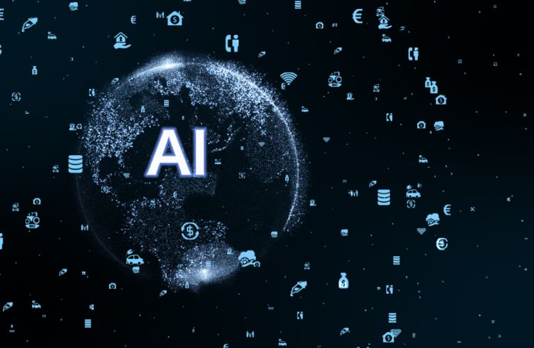 Blue AI Globe Graphic on a Black Background