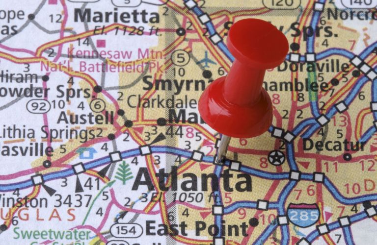Close Up of Atlanta on a Map with Red Pin