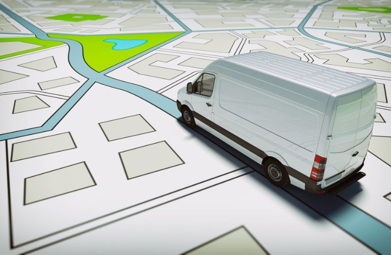 Graphic of White Commercial Van on a Map