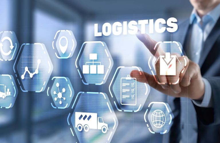 Man Pointing at Icons on a Logistics Management Graphic
