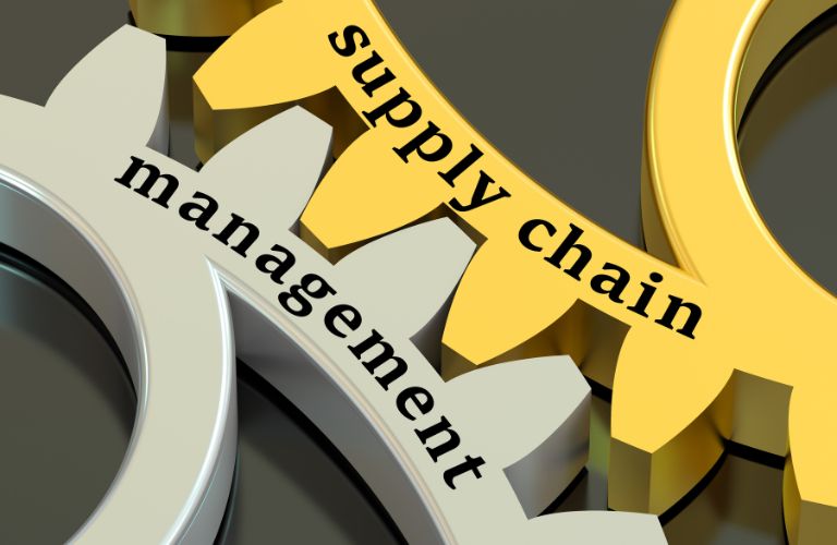Silver and Gold Gears with Supply Chain Management Text