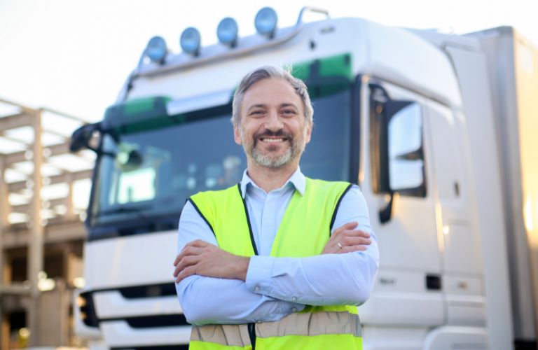 Man in Green Safety Vest in Front of White Semi Truck