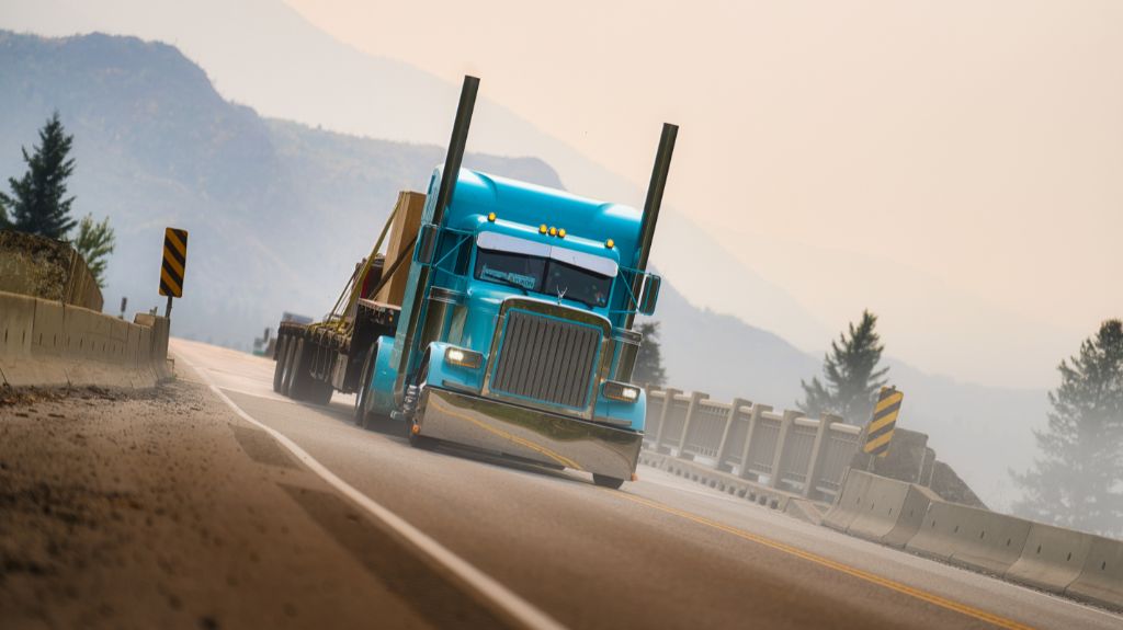 Blue Semi Truck Crossing a Bridge