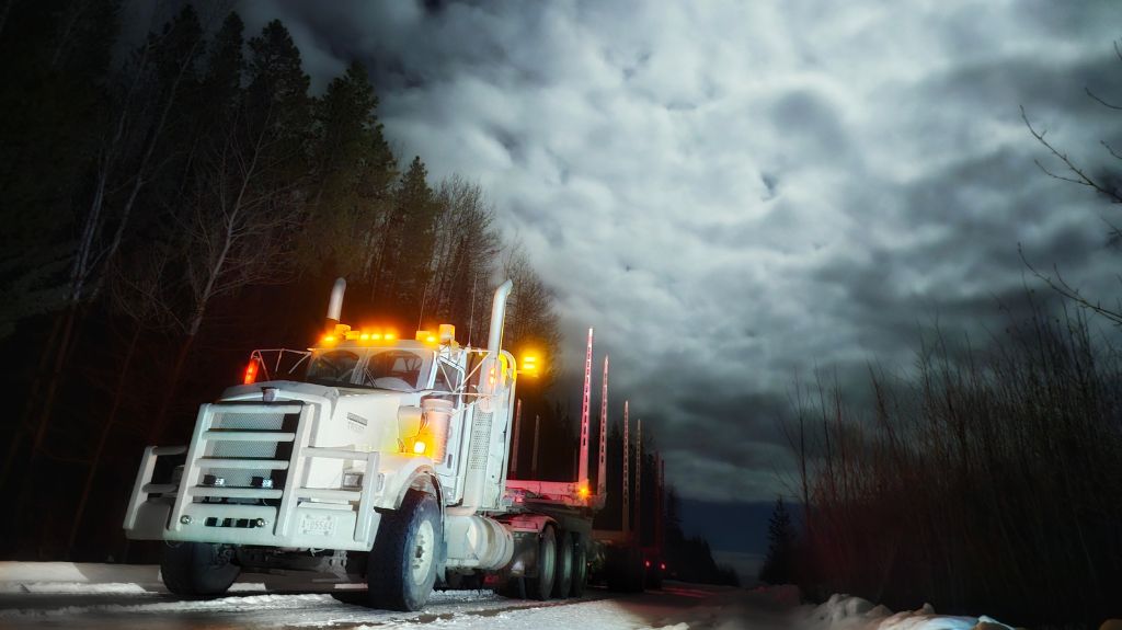 Logging Truck Driving on Snowy Road at Night