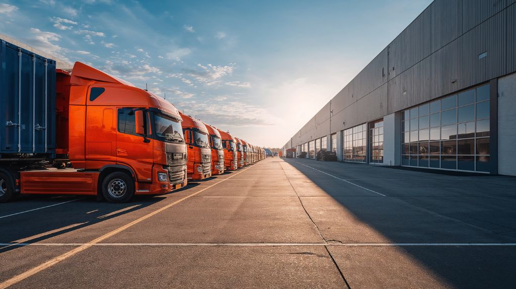 Line of Orange Semi Trucks at a Loading Dock