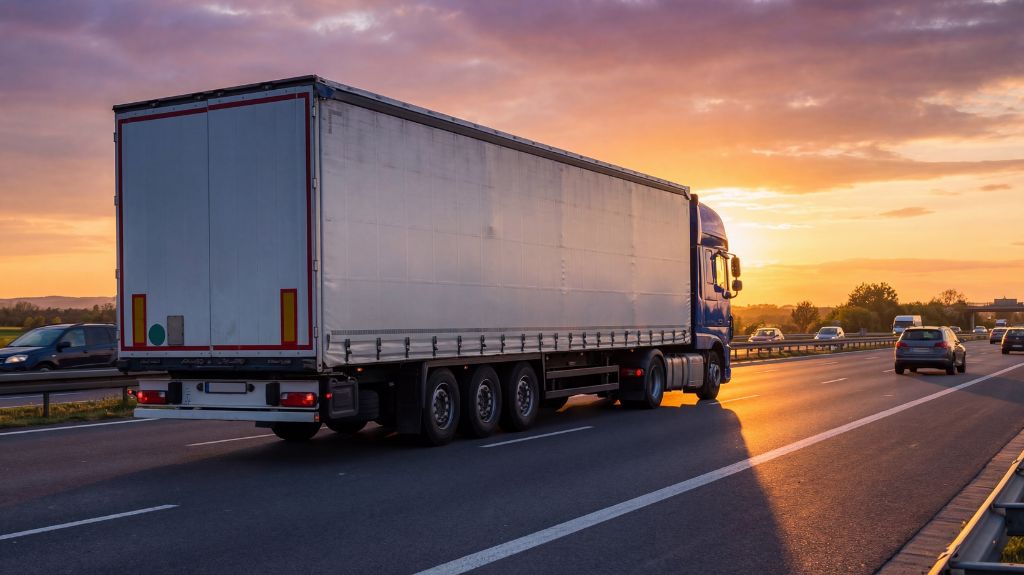 White Semi Truck Driving on a Freeway at Sunset