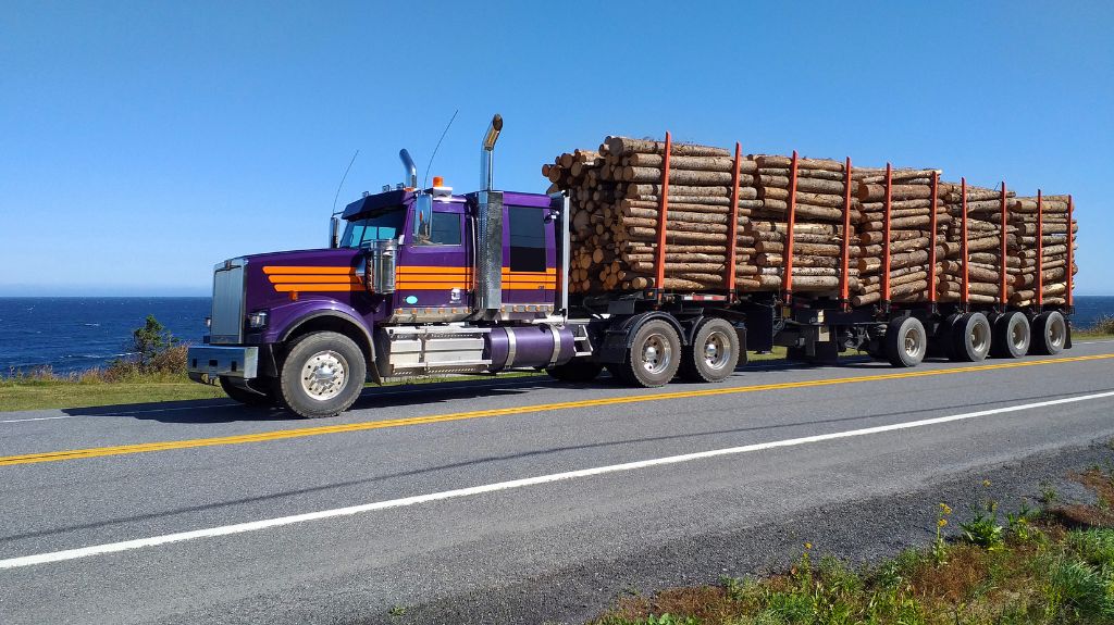 Purple Semi Truck on Coast Road with Load of Timber